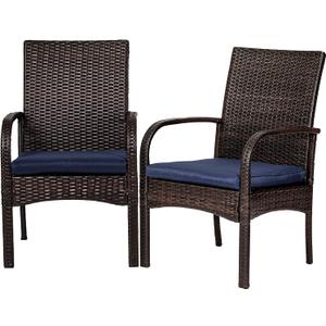 Outdoor Wicker Dining Chairs, Patio Rattan Dining Chairs, Restaurant Chair with Removable Cushions, Firepit Armchair w/Armrests Set of 2