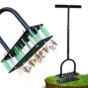 RIFPOD Lawn Aerator, Automatic Dirt and Leaf Clean Design, Heavy Duty Manual Lawn Aerator Tool with 15 Iron Spikes, Height Adjustable, Yard Grass Aerator for Lawn(Black)