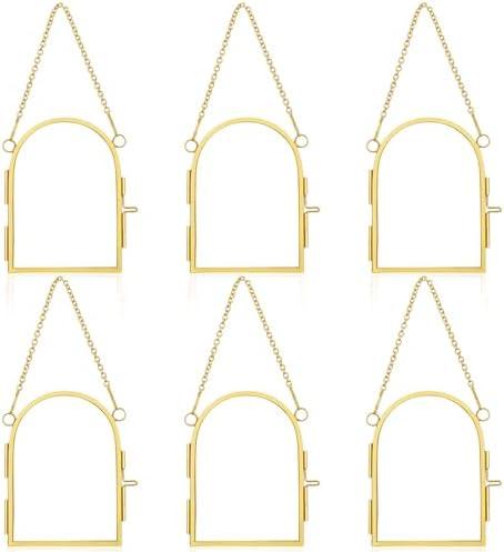 Caeuiciw 6 Pcs Pressed Flowers Glass Frames 3.5 x 2.5 Inch Brass Hanging Photo Frame with Chain Arched Double Floating Picture Frames for Artwork Display DIY Dried Plant Specimen