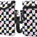 Neoprene Cell Phone Sleeve Pouch Case Bag with Crossbody Strap Lanyard for Women, Flap Closure Secure Cell Phone Bag with Pocket for Cards, Cash. (Checkerboard&Daisy)