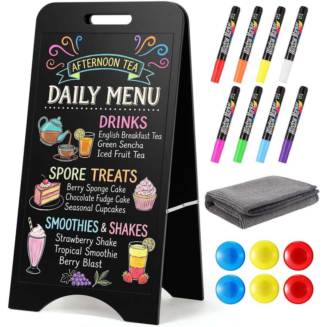 A Frame Chalkboard Sign Sandwich Magnetic Chalkboard Double Sided Sidewalk Signs with Markers Foldable Blackboard Menu Display for Weddings Restaurant Business (Black,15 x 30 Inches)