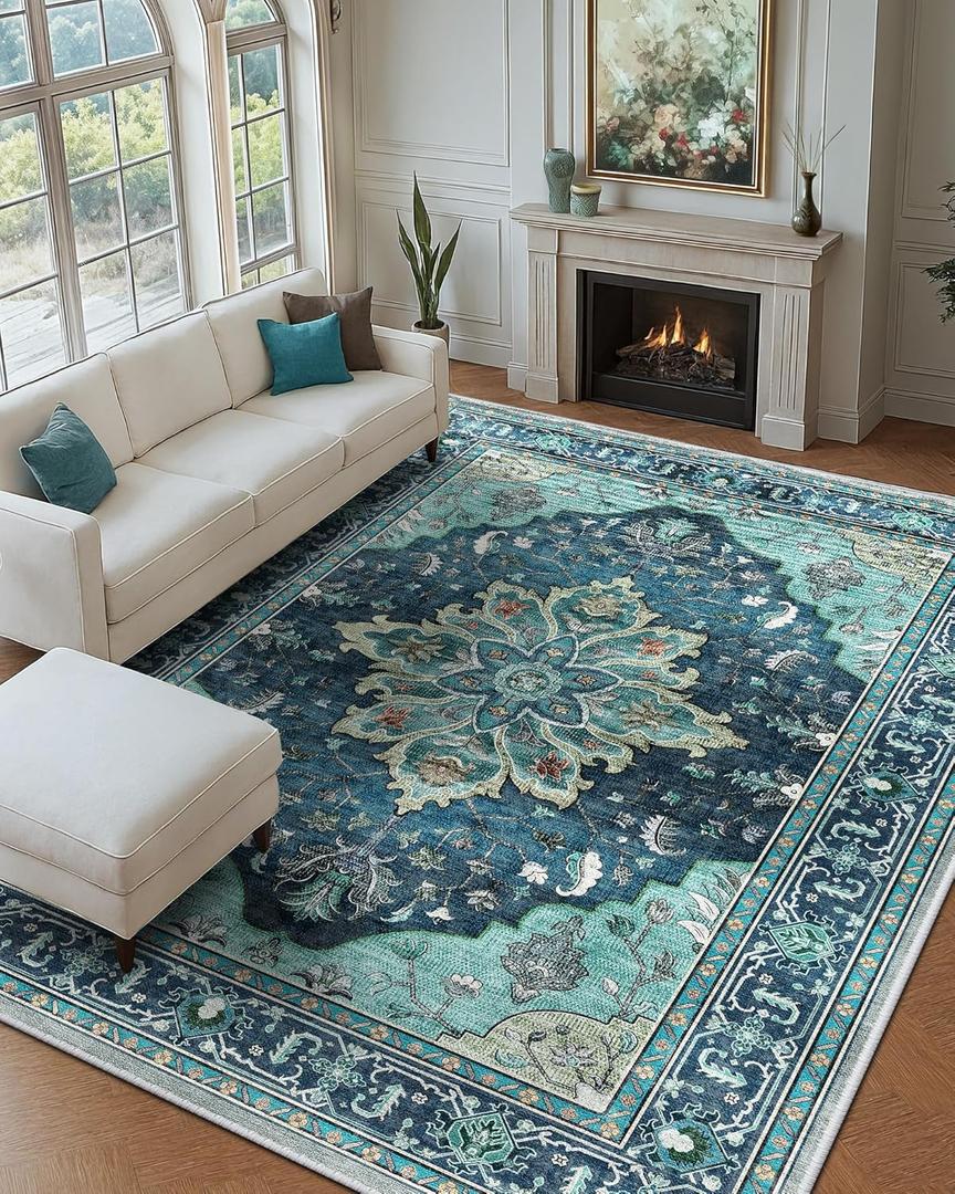 Area Rugs 9'x12' Washable Non-Slip, Floral Vintage Distress Print Pattern Medallion Carpet for Living Room Bedroom Dining Room, Teal Green Lake Blue Turquoise