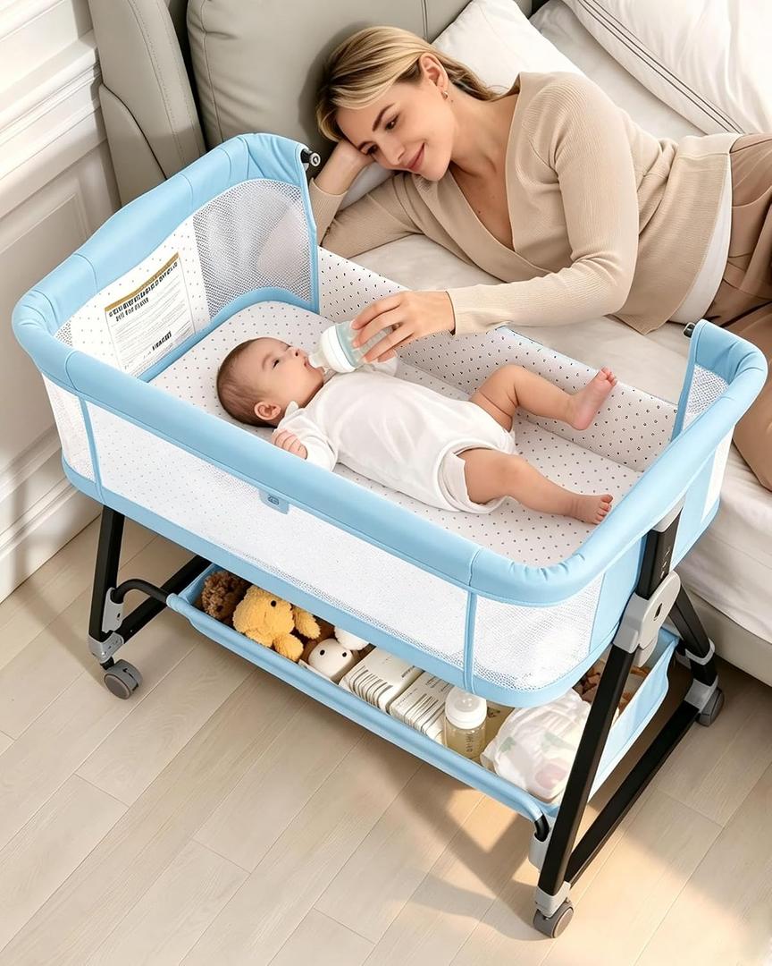 Baby Bassinets Bedside Sleeper with Wheels and Mattress, Cosleeping Baby Bed with Storage, Co-Sleeper Bassinet Attach to Bed, Bed Side Crib with Breathable Mesh, Height Adjustable (Blue), 35.4‘’Lx21.7''W28''-32.7''H