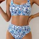 ZAFUL Women's High Waisted Swimsuit Scoop Neck Textured Floral Bikini Set 2 Piece Bathing Suit (Brown)