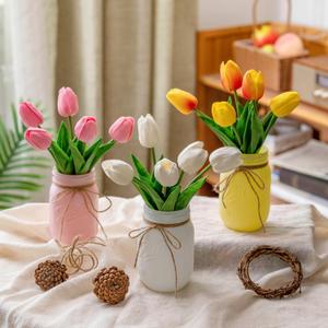 3 Pack Tulip Mason Jar Centerpiece Table Decorations, Kitchen Table Centerpieces for Dining Room, Spring Easter Coffee Table Decor with Tulips Artificial Flowers, Farmhouse Centerpieces for Tables (Reddish-red)