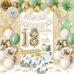 18th Birthday Decorations for Girls, Sage Green Happy 18th Birthday Decorations Happy Birthday Banner 18 th Birthday Sash Crown Tablecloth Fringe Curtain for Girls Boy 18 Year Old Bday Decorations