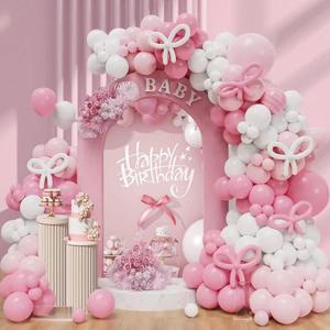 Lattua Pink Bow Balloon Garland Arch Kit - 141PCS Shatterproof Balloons with Bow Decor, Easy Setup for Birthdays, Baby Showers, Anniversaries, Girls & Women Party Decorations