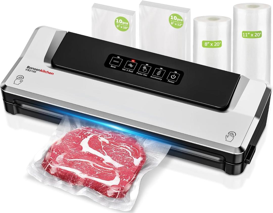 Bonsenkitchen Vacuum Sealer Machine + 2 Rolls Bags & 20 Vacuum Bags, Fast-Compact/Multi-Functional Food Vacuum Sealer with Accessory Hose, High-Speed Continuous Working, Silver