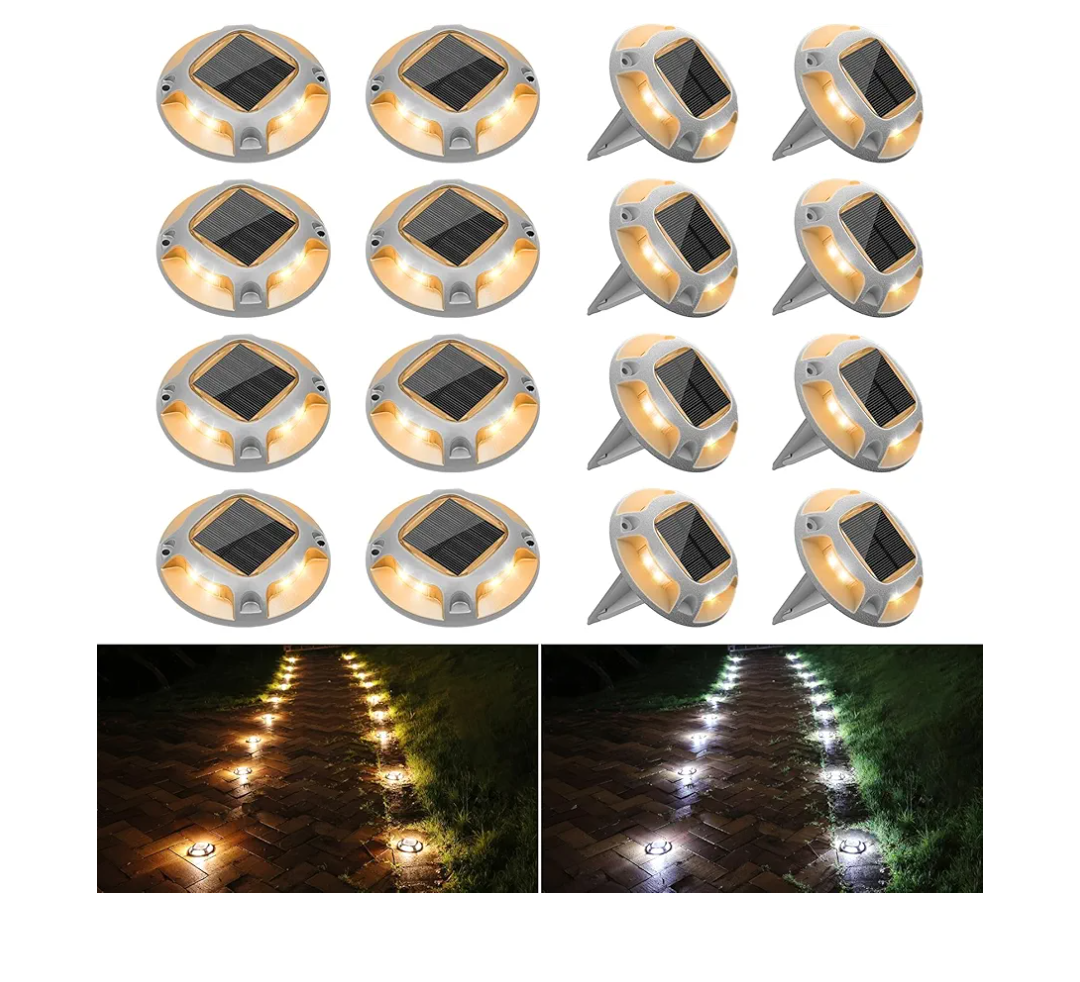 VOLISUN Solar Driveway Lights Dock Deck Lights 16 Pack,2 Colors in 1 Led IP67 Waterproof Outdoor Warning Step Lights for Driveway Sidewalk Pathway (White/Warm White)