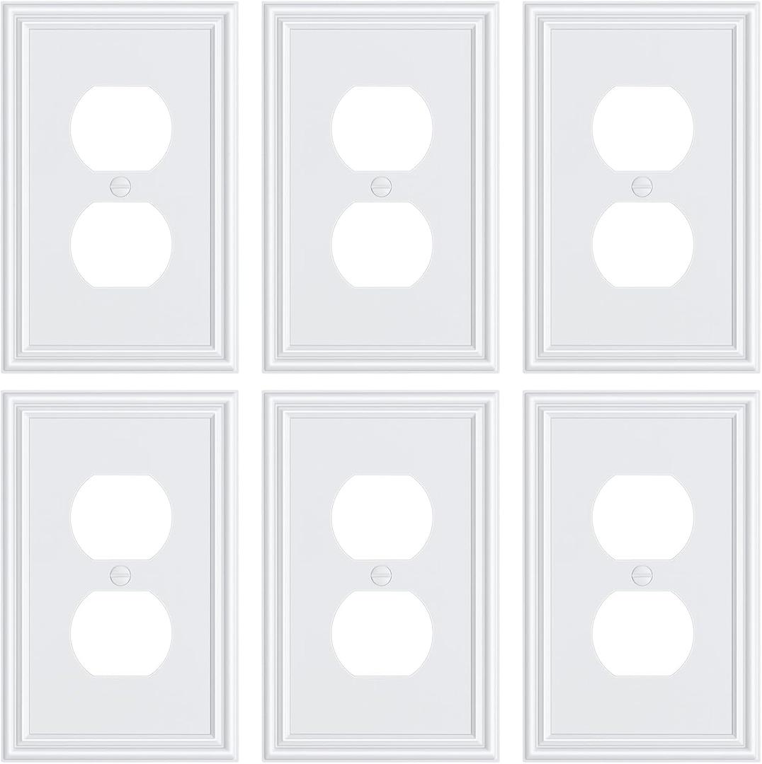 6-Pack Single Duplex Outlet Cover Plate, Decorative White Switch Plates and Outlet Covers, Metal Wall Plates for Electrical Outlets, 1 Gang Receptacle Cover, Corrosion Resistant