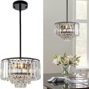 11" Crystal Chandeliers for Dining Room, 2-Light Black Pendant Lights Kitchen Island Lighting, Modern Elegant Round French Dining Room Chandelier Light Fixtures over Table Bathroom Bedroom Entryway