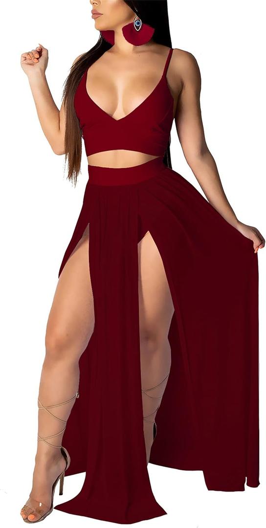 Swimsuit Cover Ups for Women 2 Piece Outfits Chiffon Strap Deep V Neck Bra Crop Top High Split Maxi Dress Skirt Set Beachwear Burgundy XS
