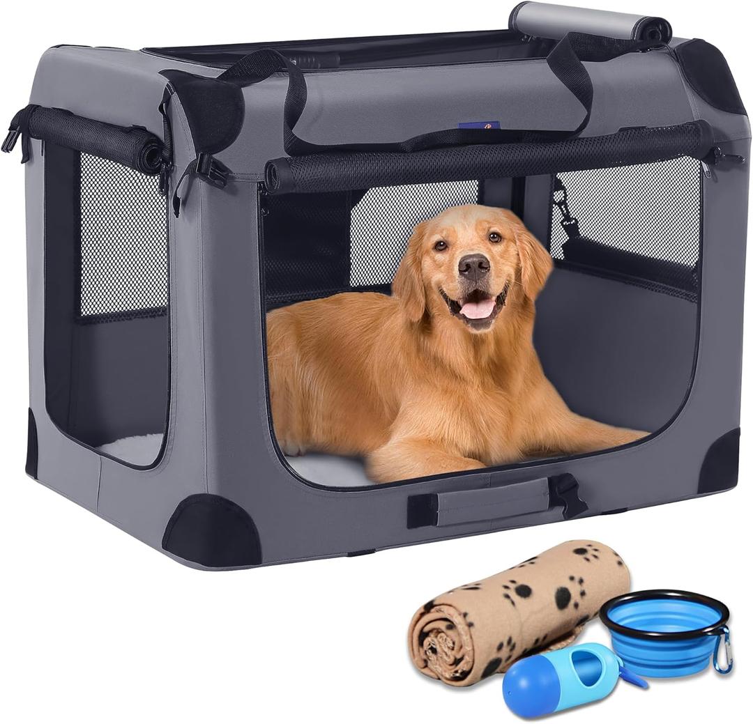 Petprsco 40 Inch Collapsible Dog Crate, Portable Dog Crates for Large Dogs, XL Dog Crate for Travel, 3 Door Soft Dog Kennel with Durable Mesh Windows Indoor & Outside, Gray