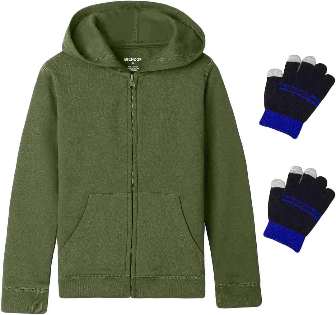 Bienzoe Boys Zip Up Hoodie: Kids Soft Anti-Pilling Fleece School Uniform Sweatshirt (8-9 Years, Olive)