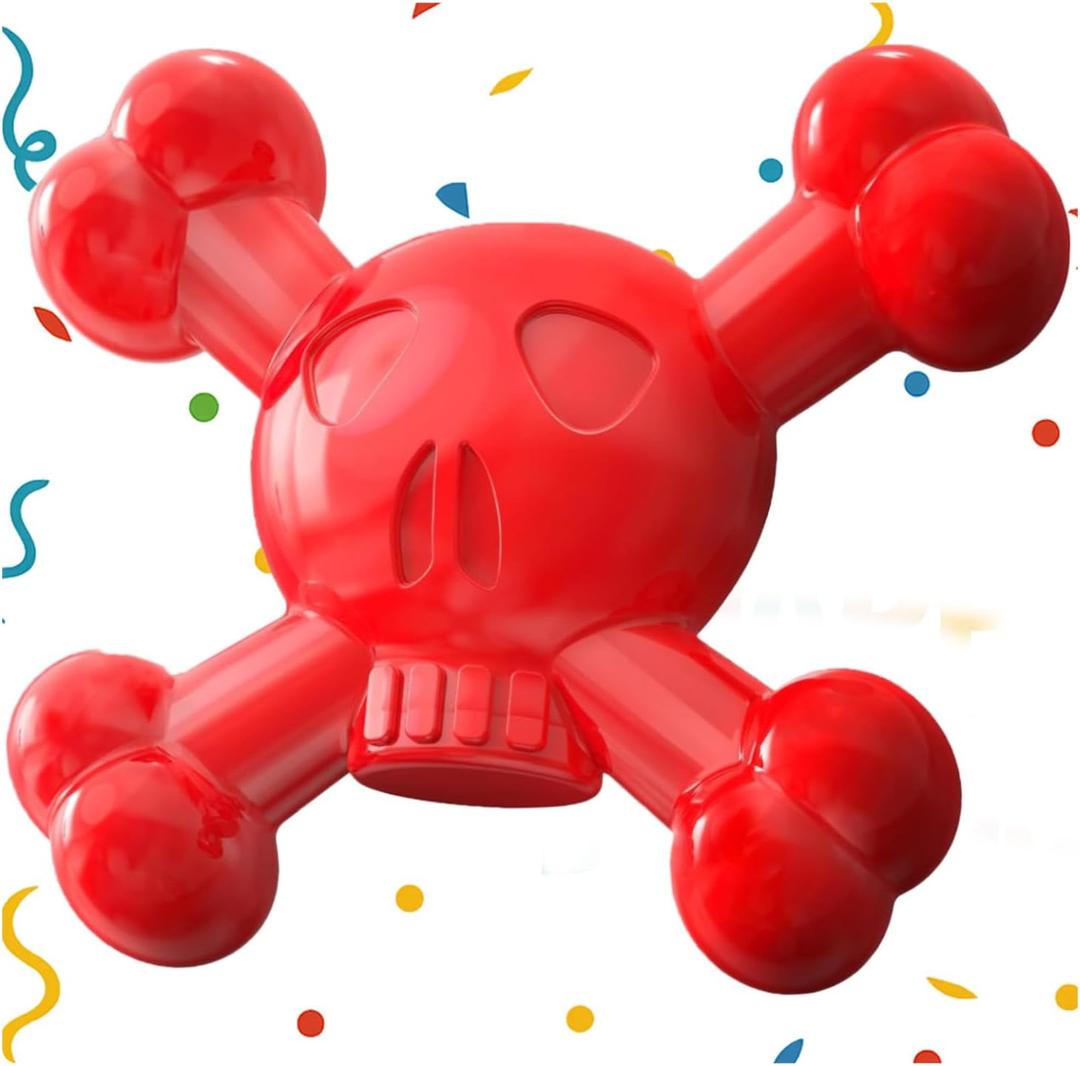 Dog Chew Toys for Aggressive Chewers  Indestructible Nylon Bone for Puppy Teething,Tough Chew Toy for Small Dogs, Bacon Flavor and Outdoor Fun, Skull Design (Red)