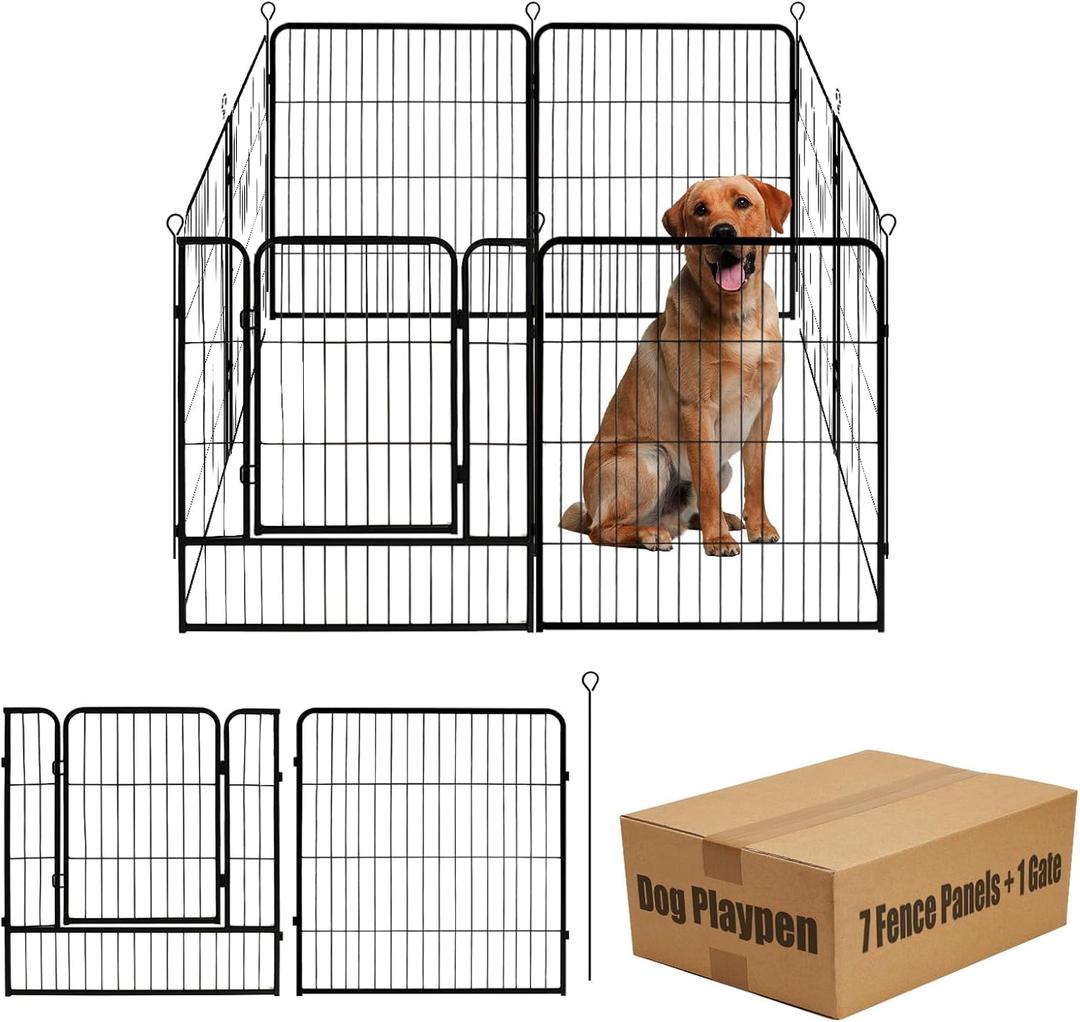 Dog Playpen, 32 in(H) Pet Fence Outdoor for Rv Camping, Garden Fence Animal Barrie for Yard, Total 8 Panels with Gate 18.6Ft(L) Black Metal Temporary Fencing