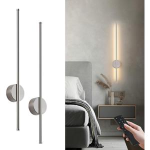 Battery Operated Modern Wall Sconces, Dimmable Wireless Wall Light Set of Two with Remote Control, 3 Color Temperatures, Rechargeable LED Wall Sconce for Bedroom, Living Room,Hallway, 27.6 Inch Nickel