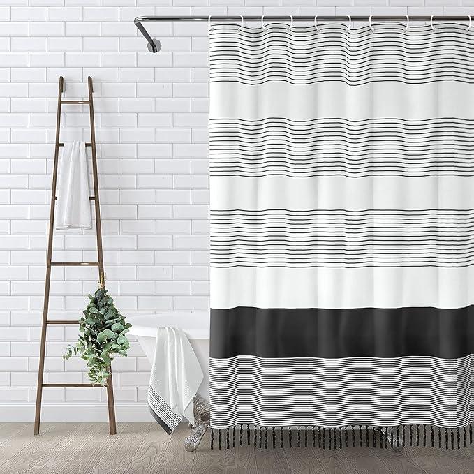 Awellife Boho Black and White Shower Curtain for Bathroom Extra Long Stripe Tassel Shower Curtain 72 X 84 Inches Farmhouse Cotton, Color: Black Tassel