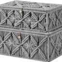 2PCS Decorative Boho Storage Baskets with Lid Bohemian Macrame Jewelry Box Handmade Natural Cotton Rope Woven Bins Memory Keepsake Photo Makeup Organizer Container (Gray, 1 Large 1 Small)