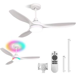 RGB Ceiling Fans with Lights 52 Inch, Quiet DC Motor LED Ceiling Fans with Remote for Bedroom, Living Room, Kitchen, 3CCT, 6 Speeds, Reversible, Dimmable, Timer, Memory, White