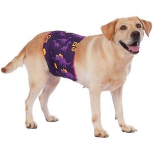 LovinPet 3-Layer Dog Belly Warmer Calming Wrap, Adjustable Abdominal Protector for Dogs, Anti-Chafe Moisture Barrier, Memory-Foam Core + Mesh Lining, Dinosaur Print,Purple Large