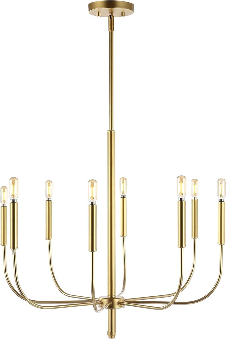 JONATHAN Y 27.25" Gold Painting 8-Light Amoros Modern Iron Chandelier, Mid-Century Candle-Style Hanging Fixture for Dining Room, Kitchen Island, LED Bulbs Included (JYL7900B)