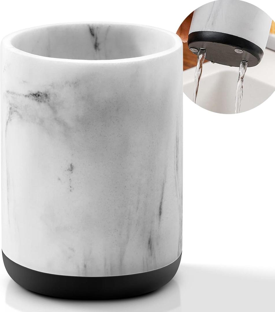 VITVITI Toothbrush Holders for Bathrooms, Toothpaste Tooth Brushing Holder, Bathroom Organizer Countertop for Vanity/Makeup Brushes, White Resin Marble Look, Stand Cup, Small