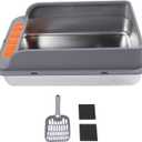 Cat Litter Box Stainless Steel Cat Litter Tray Extra Large Litter Tray Top Entry Anti Splashing Metal Litter Pan with Leakproof Mat, Litter Scoop & Mat for All Cats (Extra Large) (Dark Gray)