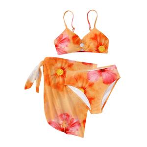 RoseSeek Girl's 3 Piece Bikini Set Floral Leopard O-Ring Swimsuit Beachwear