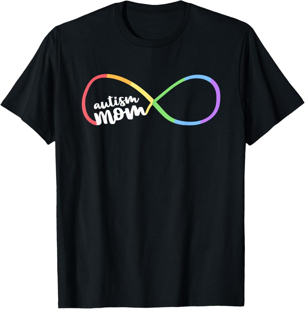 Family Autism Awareness Mom Rainbow Infinity Symbol T-Shirt (Small, Black)