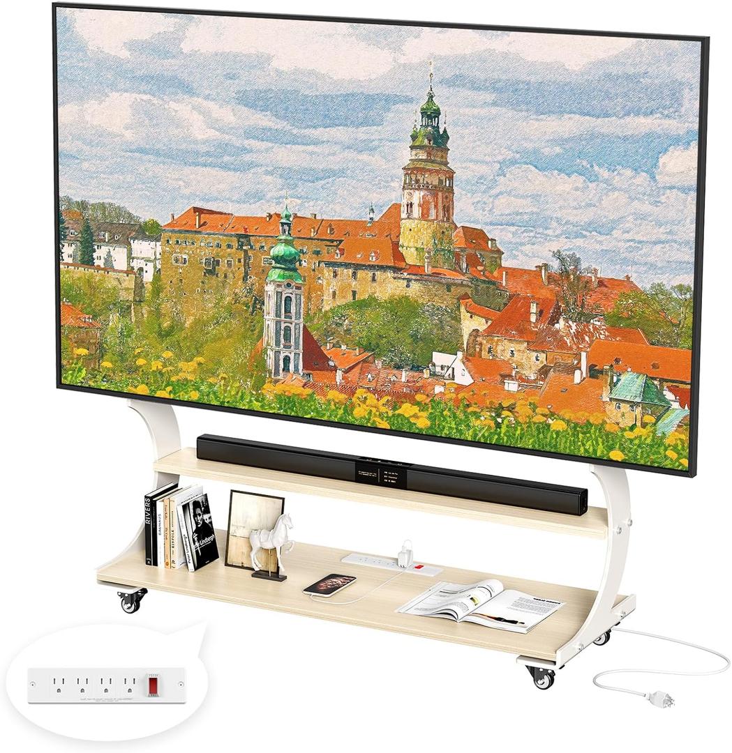 Rolling Easel TV Stand for 50-100 Inch TVs for Living Room, Office | Mobile TV Stand with 2-Tier Wooden Shelves& Power Outlet,Height Adjustable Holds up to 220lbs,MAX VESA 900x600mm,White