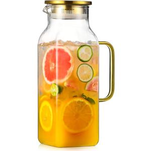 68 oz Square Glass Pitcher with Lid and Spout, Water Pitchers with Handle for Fridge, Borosilicate Glass Carafe for Hot/Cold Drink, Large Jug for Iced Tea, Coffee, Beverage, Cold