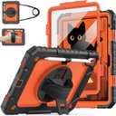 Cantis Case for iPad 11-inch (A16) 2025/ iPad 10th Generation 2022 (10.9 inch) with Screen Protector, 11th Case with 360 Degree Rotating Stand/Shoulder Strap/Pencil Holder, Black+Orange+Black