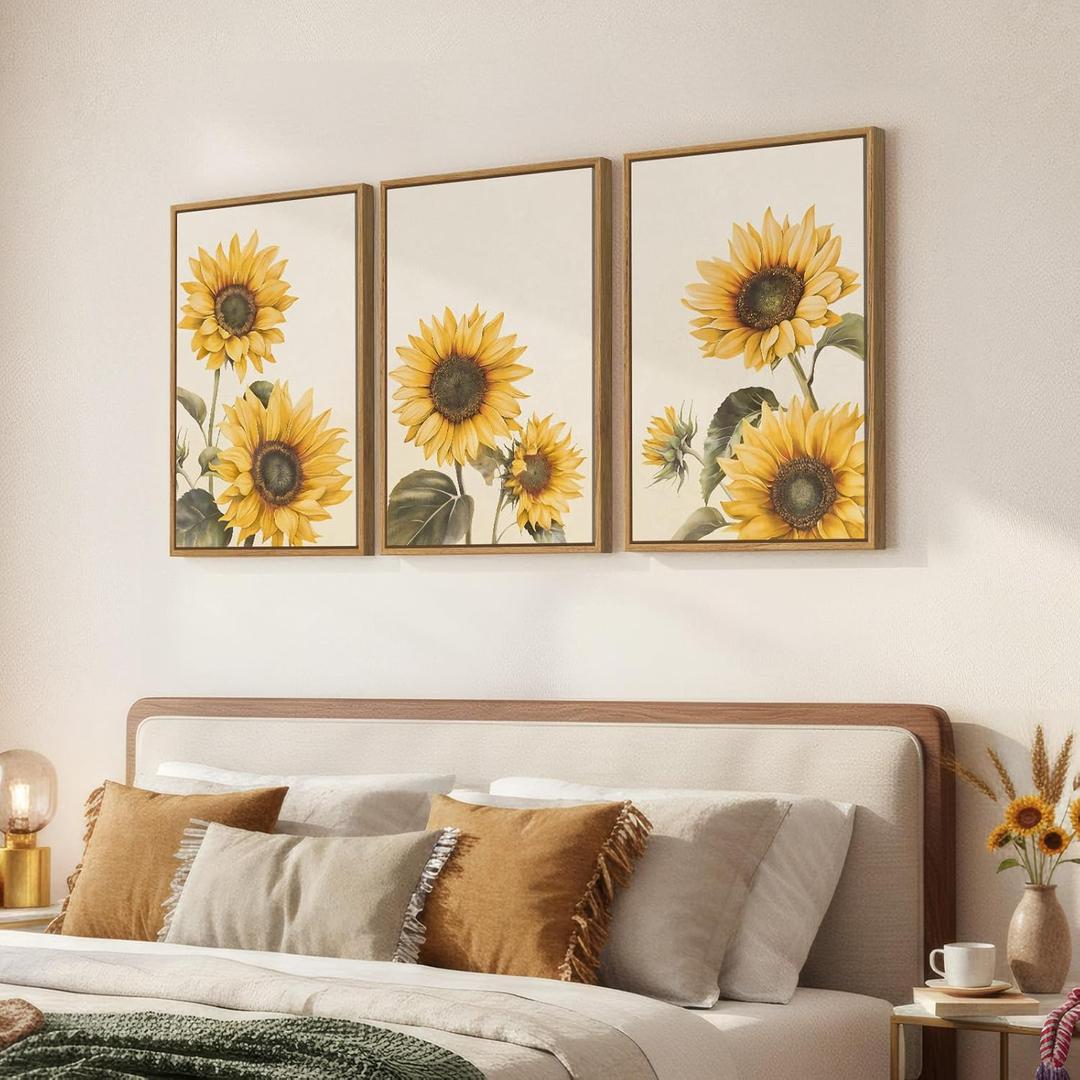 3 Piece Large Framed Floral Sunflower Wall Art for Bedroom, Farmhouse Rustic Botanical Canvas Paintings Prints, Yellow Flower Picture Artwork Wall Decor for Living Room kitchen Hallway 16x24 Inch