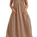 chouyatou Women's Cargo Overall Dress Sleeveless Adjustable Strap Safari Maxi Jumper Dress with Pockets (Medium, Khaki)