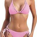 ZAFUL Women's Halter Bikini Set Crochet Triangle Two Piece Bathing Suit Side Tie Swimwear (Medium, Pink)