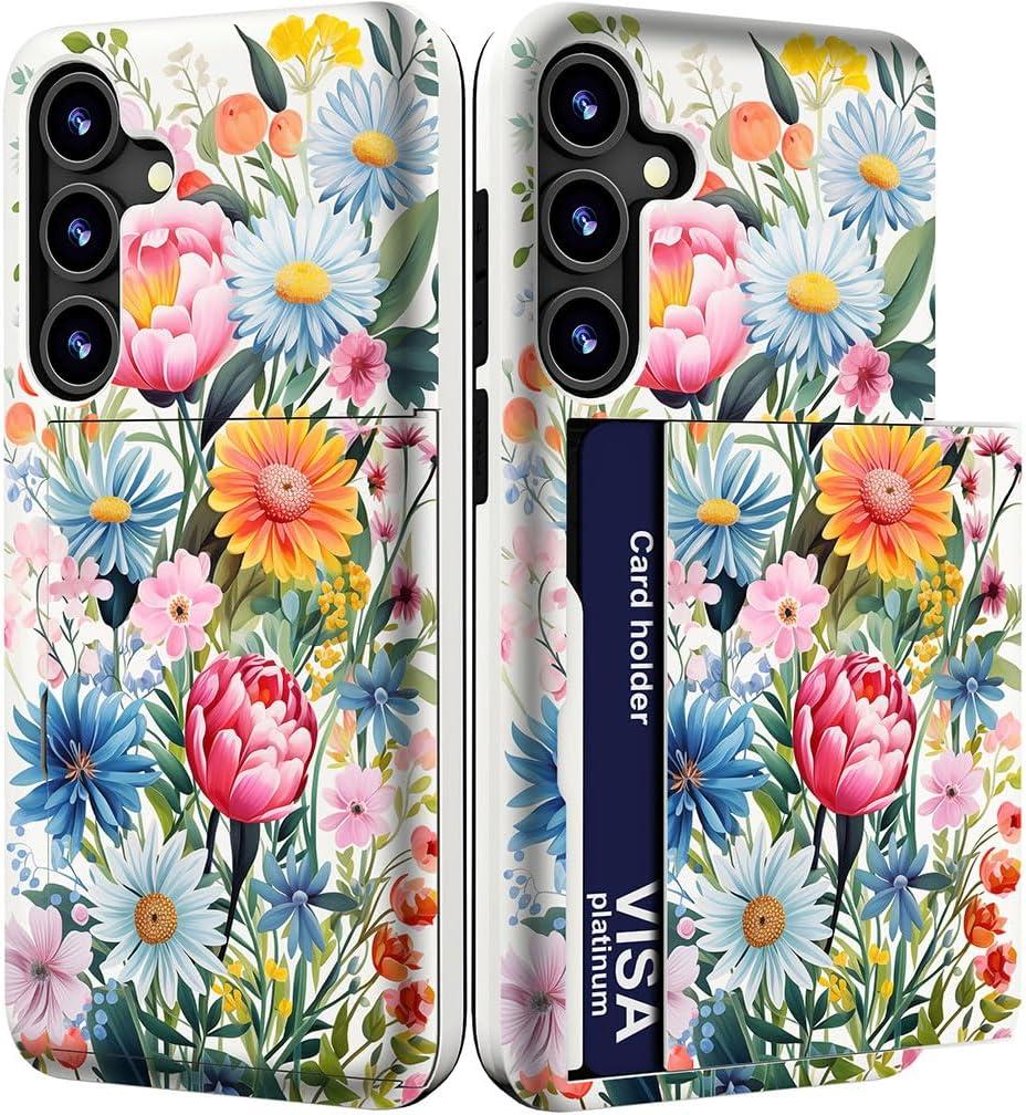 Compatible with Samsung Galaxy S23 Plus Case Cute with Card Holder/Shockproof Slim Slot S23+ Wallet Phone Cover/Blue Flowers Wild Rose Paisley Peony Floral Lovely