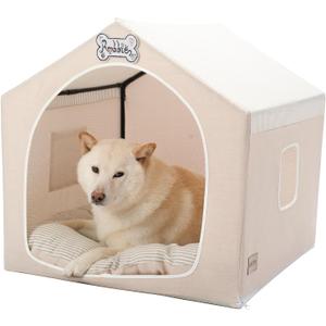 Jiupety Indoor Dog House with Frame, Cute Dog Tent Bed with Cover Cave, Breathable, Washable, and Foldable House, Suitable for 20-40 Lb, Large (25"25"25"), Beige