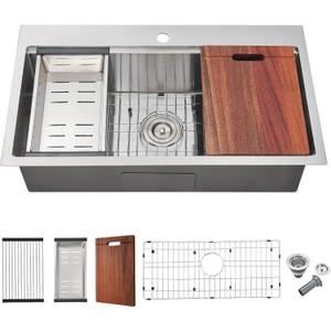 TSIBOMU 32-inch Workstation Sink Drop in, Single Faucet Hole Single Bowl Kitchen Sink 18 Gauge Stainless Steel Handmade Sink with Integrated Ledge, 32"x18"x9"