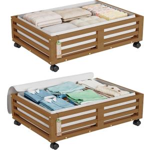 Wisuce Bamboo Under Bed Storage Containers- Underbed Organizer with Wheels with Large Dust Bag,Sturdy Wood Rolling Under the Bed Shoe Storage Organizer Drawer 2 Packs (Walnut, Small)