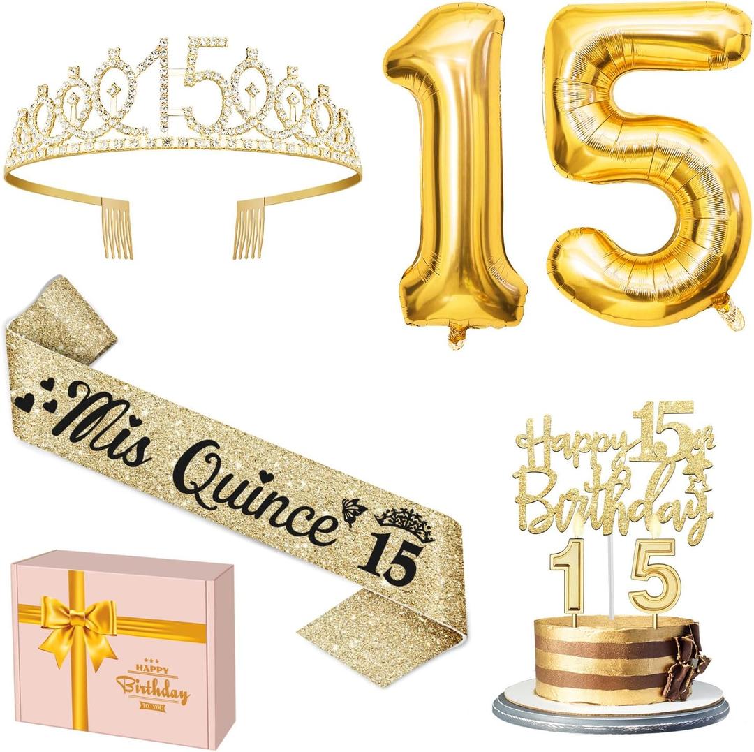 15th Birthday Decorations for Girls Gold with 15th Birthday Crown and Sash, Candles and Cake Topper, Number Balloons, Sweet 15 Year Old Gifts for Girls