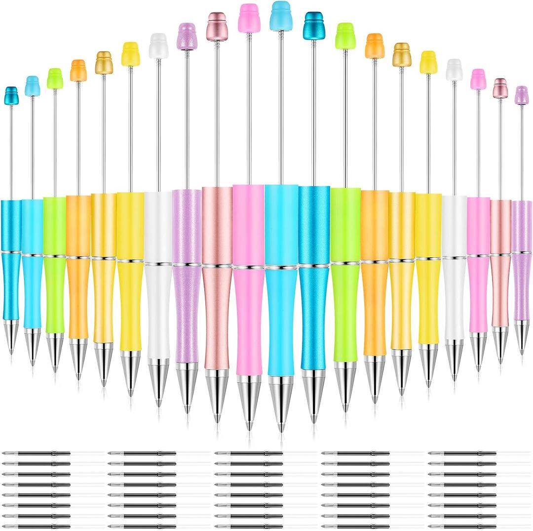 Outus 20 Pcs Easter Beadable Pens, Plastic Bead Pens Bulk Colored, Black Ink Beaded Pen Cute DIY Pen, Extra Refills for Make Gifts for Women Men Wedding Graduation Gift Office Supplies(Macaroon Color)