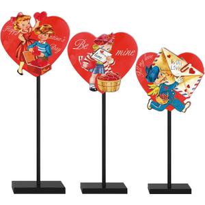 Spiareal 3 Pcs Valentines Day Heart Wooden Sign on Stand Heart Shape Tall Standing Table Signs Love Farmhouse Decorations for Valentines Day Table Party Centerpiece(Red,Vintage)