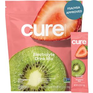 Cure Hydration | Plant-Based Electrolyte Drink Mix | No Added Sugar | FSA-HSA | Dehydration Relief Powder Made with Coconut Water | Non-GMO | Vegan | Pouch of 14 Packets - Strawberry Kiwi, BBD: 07/02/27