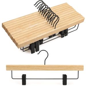 TOPIA HANGER Pants Hangers 10 Pack, Wooden Clothes Hangers with Black Clips and Rotatable Hook, Durable Natural Rubber Wood Hangers for Skirts, Pants, Jeans, Shorts - CTS02N