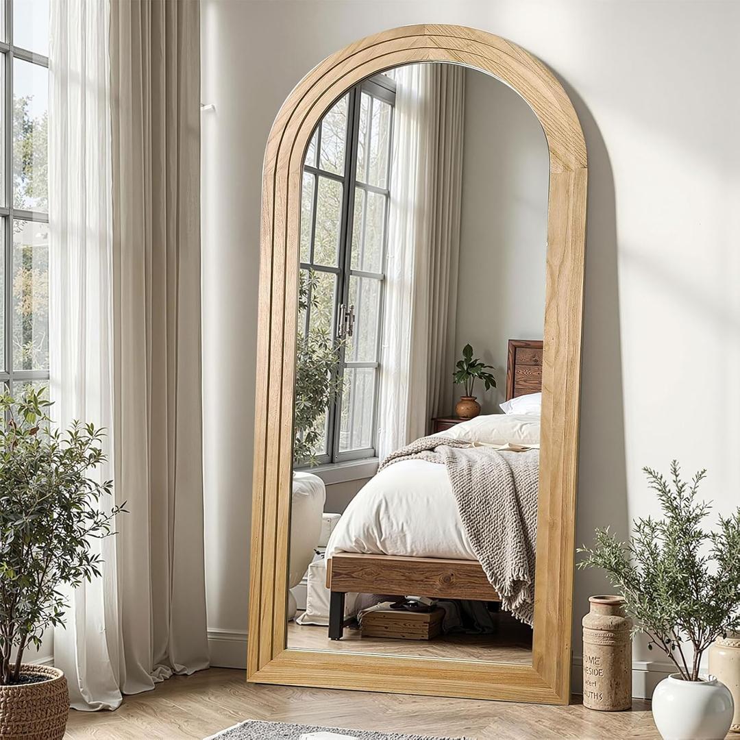 Delma Arched Full Length Floor Mirror with Stand, 55x24 Rustic Farmhouse Solid Wood Frame Wall Mirror for Bedroom, Living Room, Vertical Hanging & Standing(Natural)