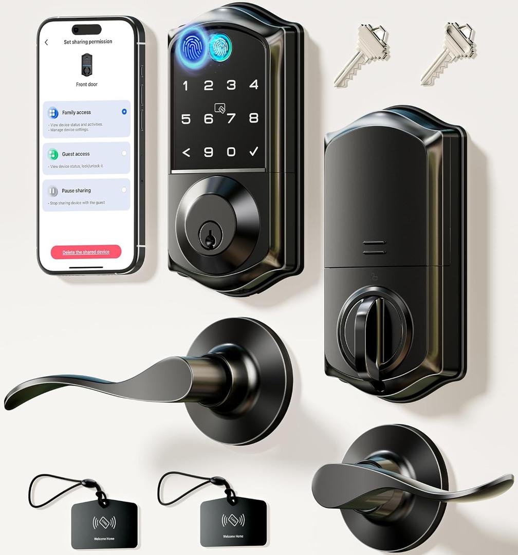 Veise VE017-L Fingerprint Smart Lock with 2 Lever Handles, Keyless Entry Front Door Lock Set, App Control, Electronic Digital Keypad Deadbolt, Easy Installation, Emergency Power Port, Matte Black
