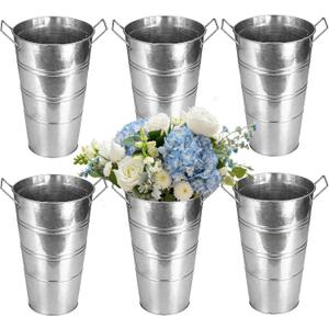 12 Inch Galvanized Flower Buckets, 6 Pcs Farmhouse Metal Flower Vases French Tin Planter Bucket for Party Wedding Centerpiece, Vintage Home Table Decor, French Country (Silver)