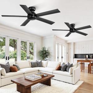 2 Pack 48 Inch Low Profile Ceiling Fan no Light, Black Ceiling Fan without lights, 6-Speeds, Quiet Reversible DC Motor, Indoor/Outdoor Ceiling Fans without Lights for Patio, Living Room, Bedroom