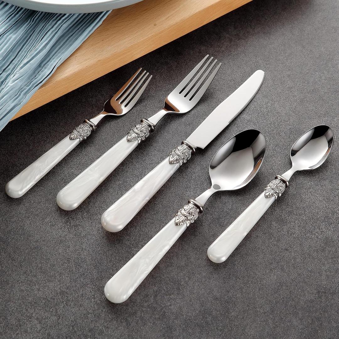 REVERIE Collection 18/10 Stainless Steel Vintage Flatware set, Silverware set, Dishwasher safe (40, Pearl White)